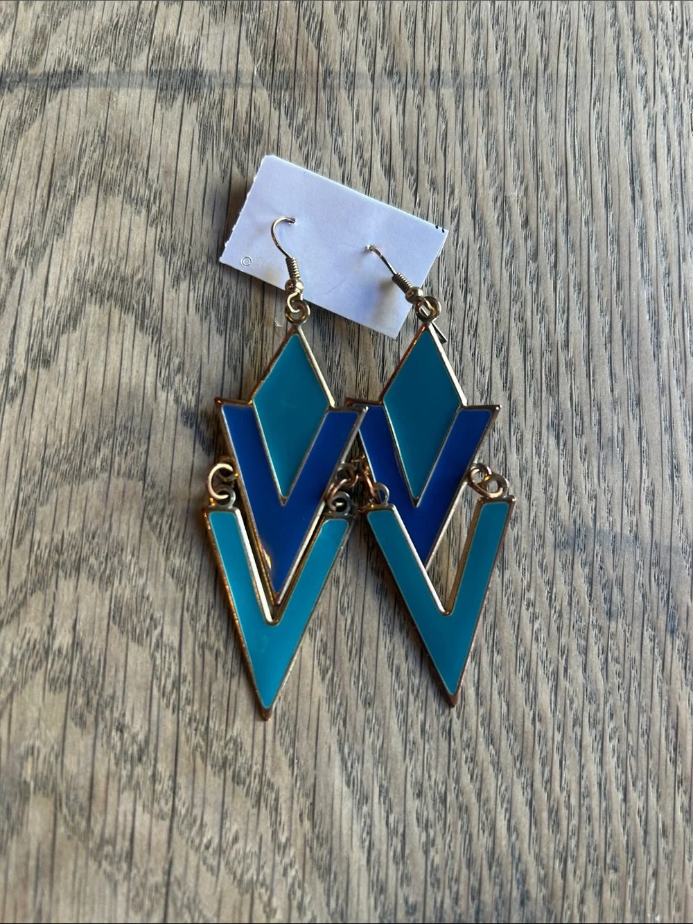 Blue turquoise enameled chevron V-Shaped Drop Earrings - Gold Accent
